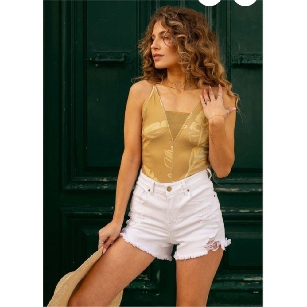 Mia Joy Joyfolie Yara Bodysuit Mustard Palm‎ Print Tassels Lace XL NWT $58